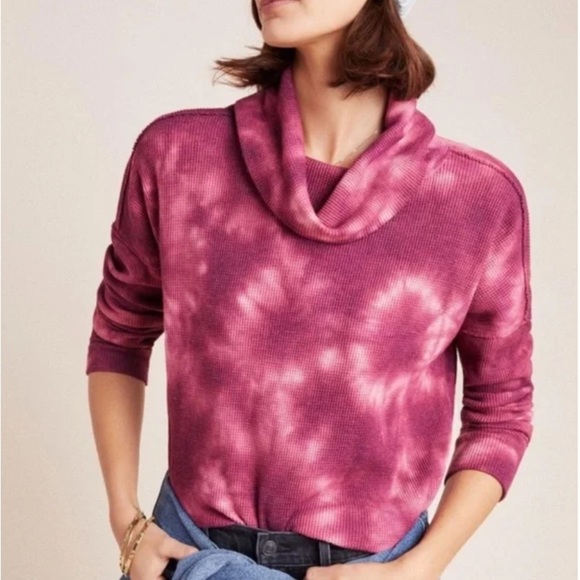 Anthropologie Maeve Ainsley Thermal Turtleneck Berry Tie Dye Long Sleeve Top - Picture 1 of 9